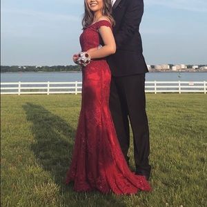 Burgundy Red Lace Off Shoulder Prom Dress